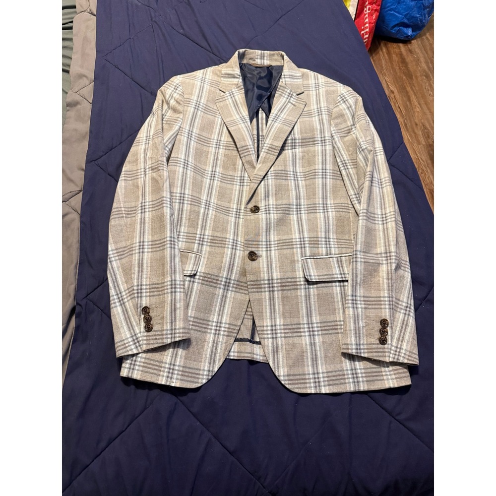 Tasso Elba Mens Plaid Sport Coat Tan Blue Cotton Stretch Blazer Small